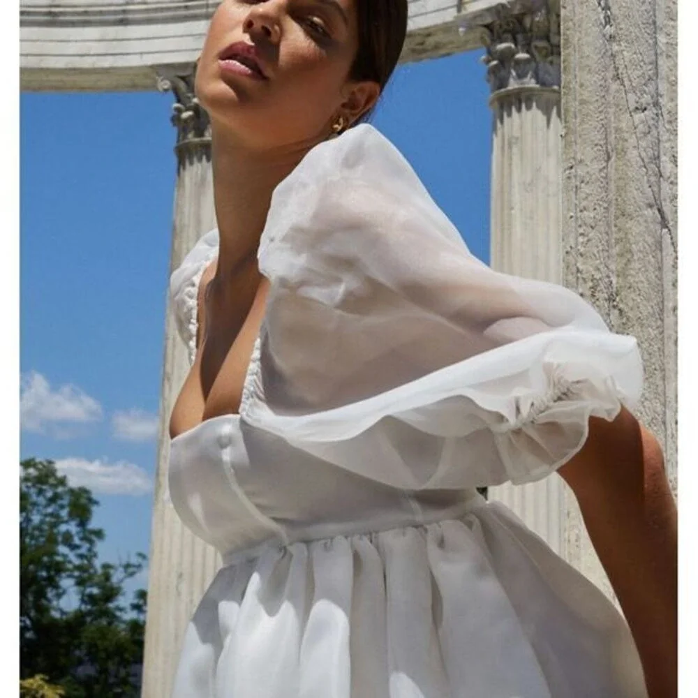OPT White Puff Sleeve Midi Dress Square Neck Romantic‎ Summer Wedding